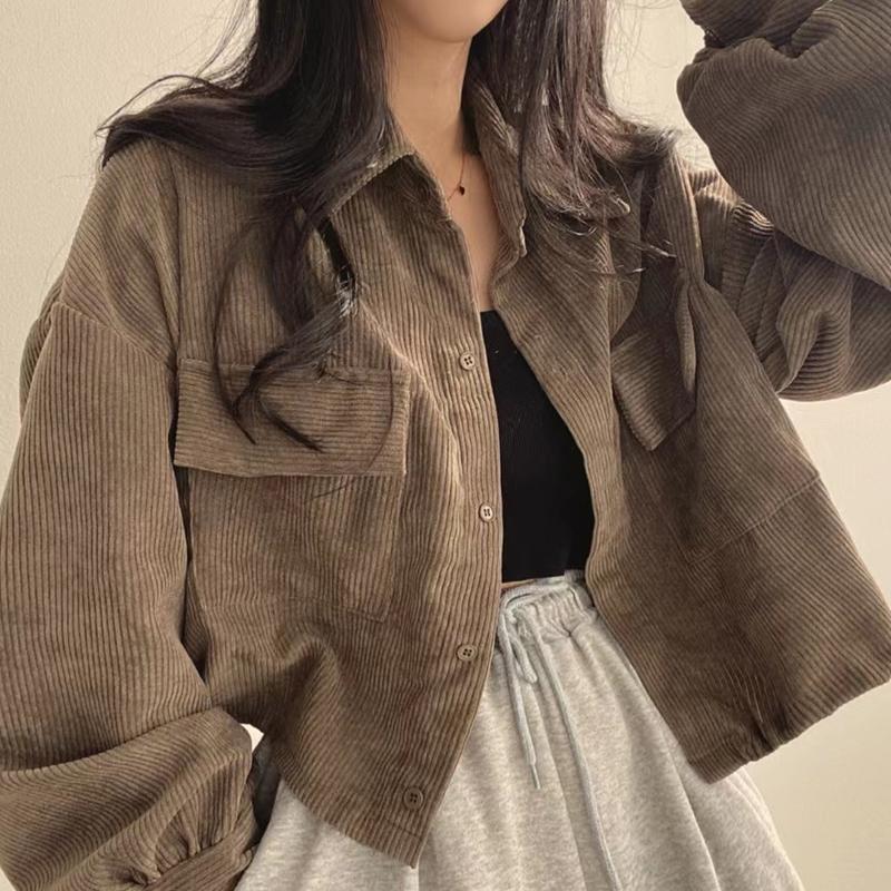 Korean Fashion Long Sleeved Corduroy Shirt Spring Versatile Single Breasted Lapel Jacket for Women's Elegant Casual Pockets Coat