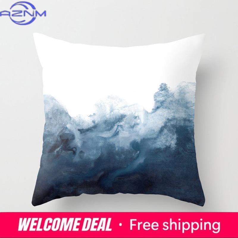 Square Cushion Cover Home Decor Sofa Pillowcase Beauty Blue Geometric Flower Pattern Fashion Short