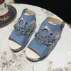 Large Wedge Denim Round Toe Fish Mouth Sandals, Fashionable and Comfortable, Versatile Rhinestone High Heels