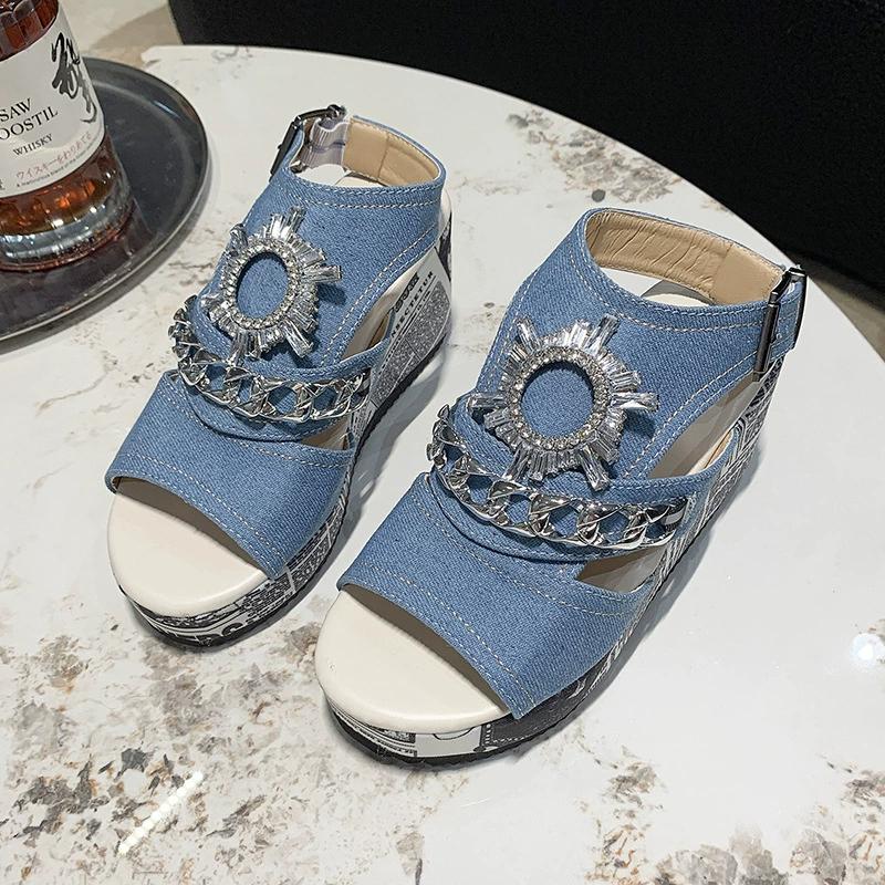 Large Wedge Denim Round Toe Fish Mouth Sandals, Fashionable and Comfortable, Versatile Rhinestone High Heels
