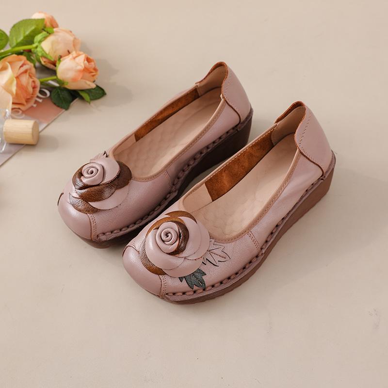 Fashion Rose flower slip on flats women's autumn genuine leather shoes woman shallow wedge heels ladies elegant retro moccasins loafers