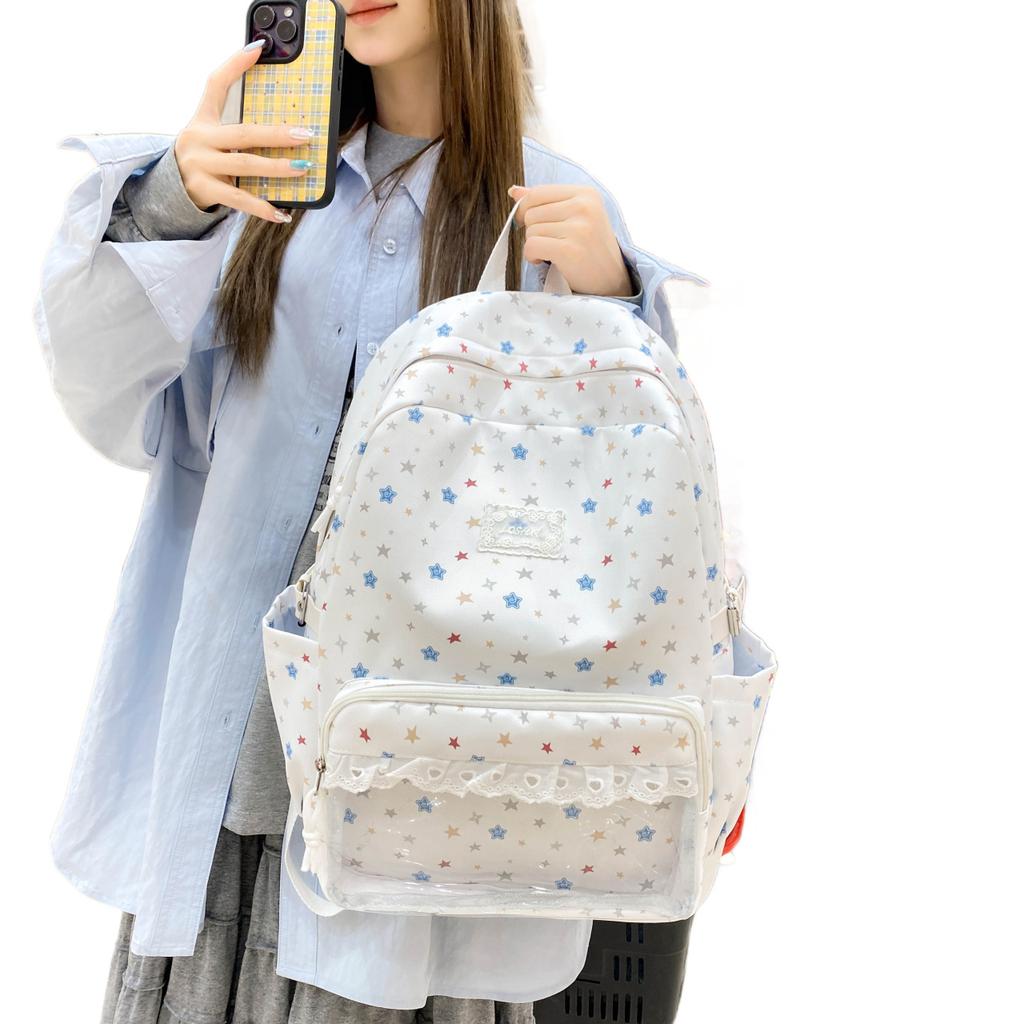 Schoolbag Cute Star Printed Backpack Female Student Large Capacity Lightweight School Bag Korean Version Lace Edge Casual Backpack