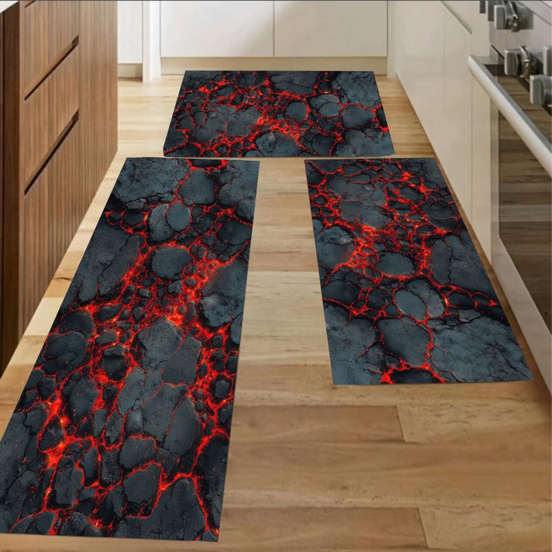 3D Lava Cracked Earth Kitchen Rug Set - Non-Slip Waterproof & Easy-Clean Floor Mats for Kitchen Bathroom  & Home  Entryway