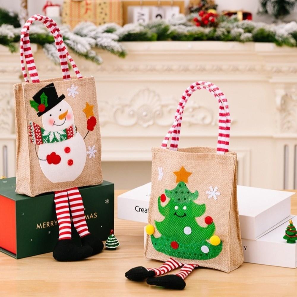 Cartoon Weihnachtsgeschenktasche Weihnachtsmann Schneemann Wiederverwendbare Weihnachten Geschenkpapier Weihnachtsdekoration Leinen Langbeinige Handtasche