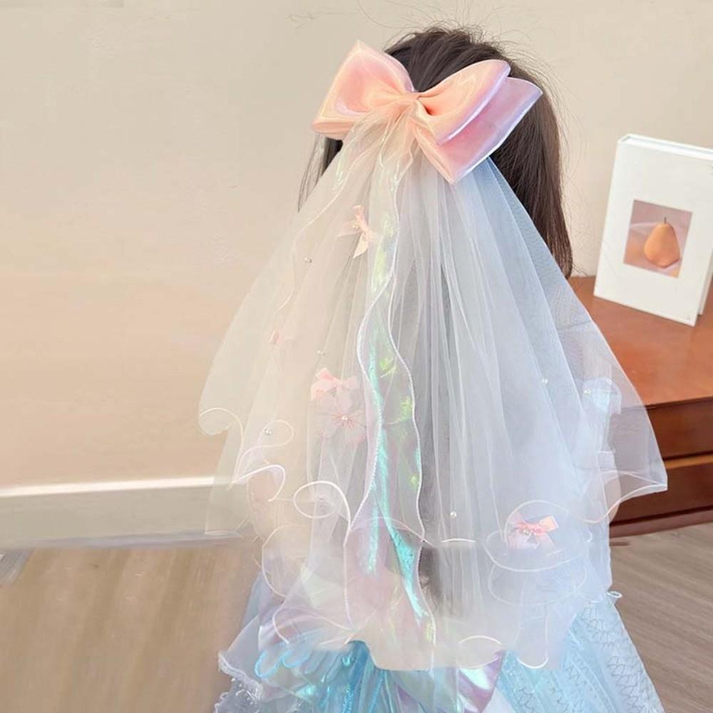 Fashion White Veil Hair Clip Bow Mesh Colorful Flowing Tulle Polyester Rhinestone Girls Head Gauze Birthday Headdress
