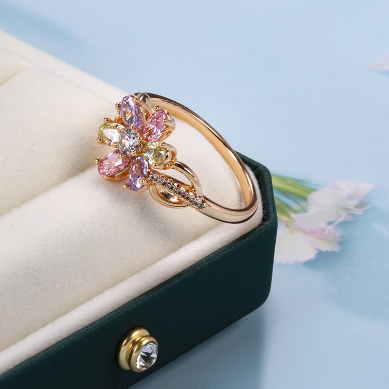 New  Rose Gold Flower Ring For Women Fashion Colorful Natural Zircon Rings Fine Bride Wedding Jewelry Crystal Gift