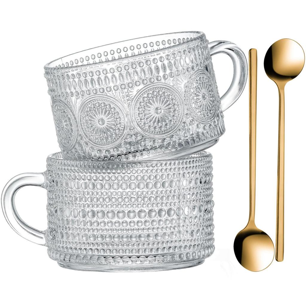 Kaffeetassen aus Glas im Vintage-Stil, 2er-Set – 14 oz klare geprägte Teetassen für Cappuccino, Latte, Müsli, Joghurt, Getränke