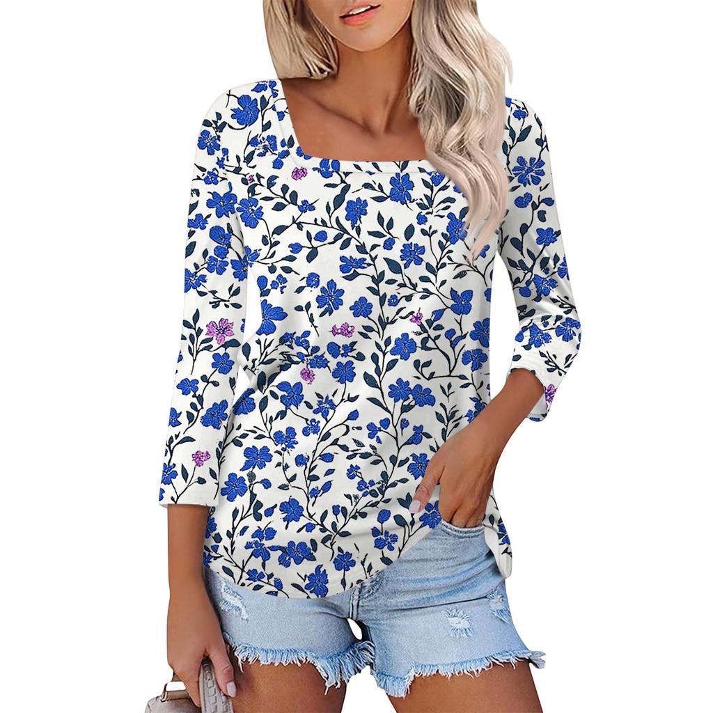 Women's T Shirt Tee Print 3/4 Sleeve Daily Weekend Fashion Basic Square Neck  Regular Top
