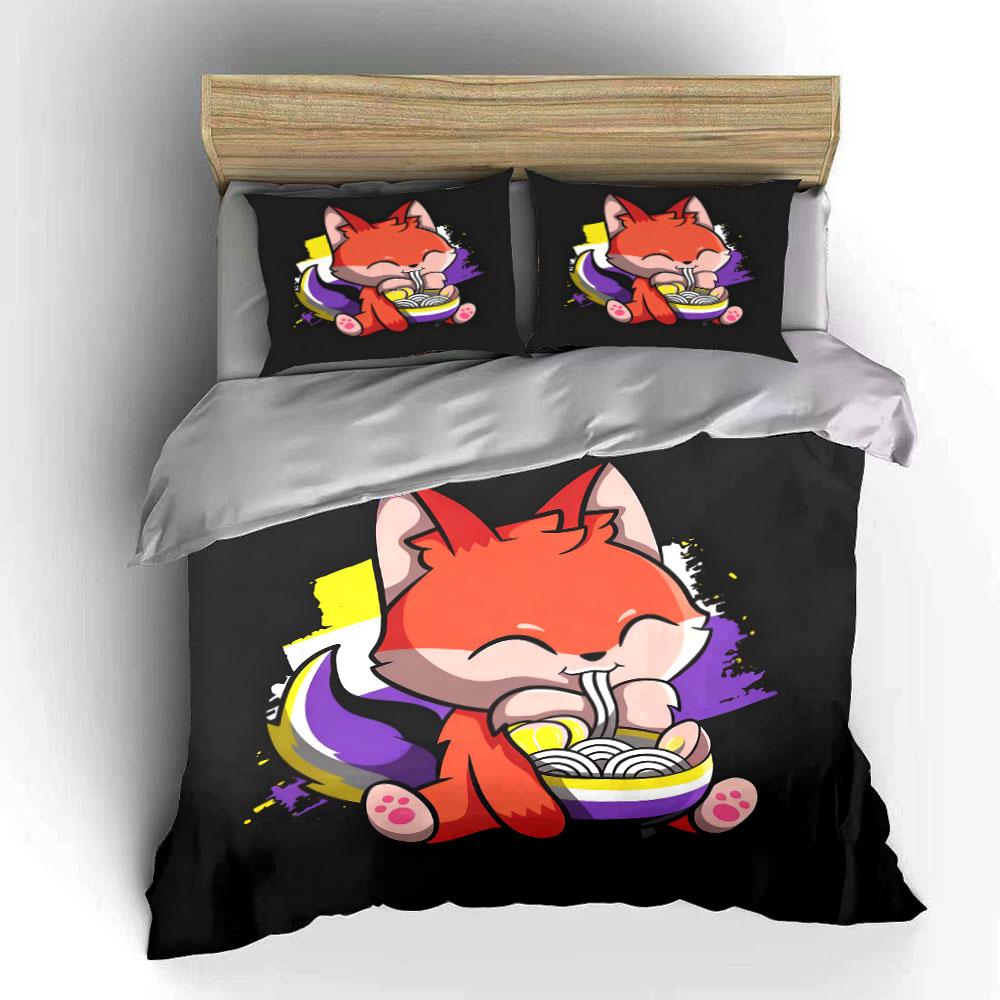 Cute Fox Noodle Art Set Soft Comfortable Duvet Cover Bedding Set Included 1*Duvet Cover & 2*Pillowcases, Gift