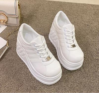 Fashion White Shoes Women Lace Up Pu Leather Wedges High Heel Pumps Shoes Female Breathable Chunky Platform Fashion Sneakers Size 35-41