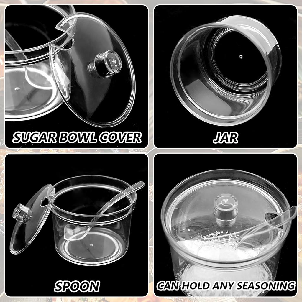 KoMvzyl 4-Piece Countertop Clear Sugar Holder Dispenser with Lid and Spoon, Includes Tags, for Condiments, Candy, Coffee, Tea, Spices, and Herbs