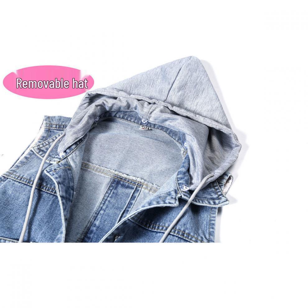 Hooded Korean Style Denim Vest for Women - Versatile Plus Size Outerwear for Spring, Autumn, Winter