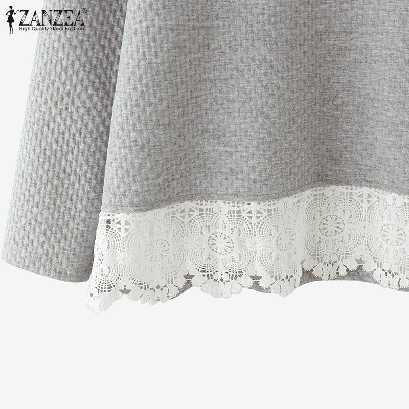 ZANZEA Lässiges Sweatshirt mit Rundhalsausschnitt und langen Ärmeln und Patchwork-Spitze für Damen