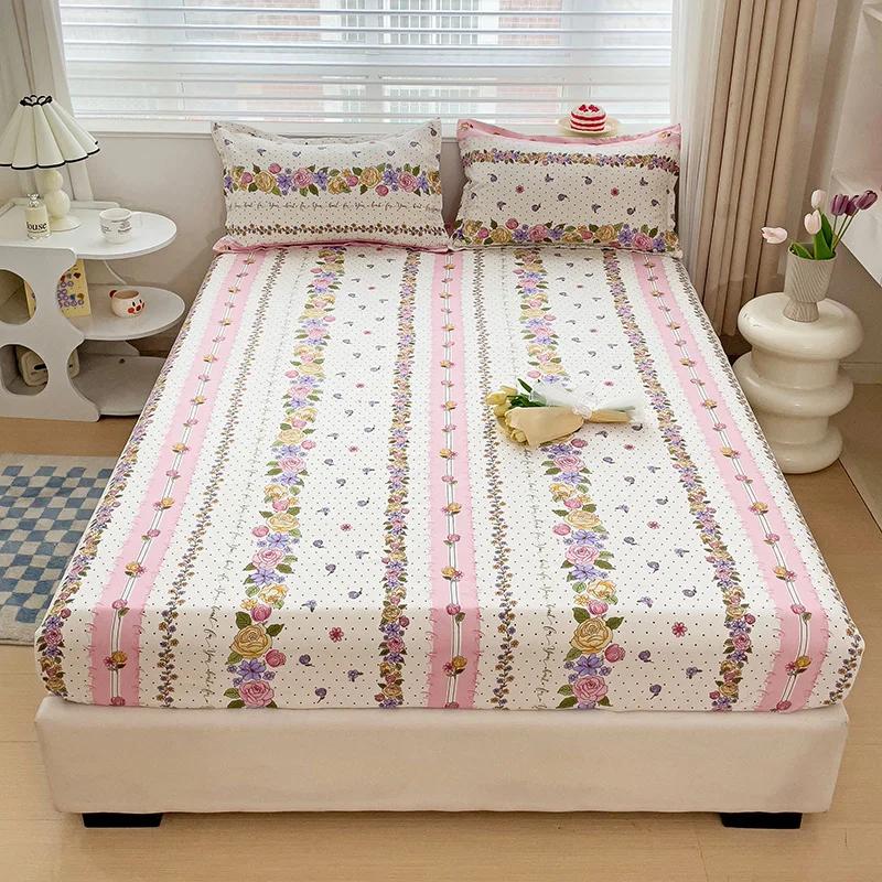 Pink Blooming Flowers Pattern Fitted Sheet Set 3Pcs Romantic Skin Friendly Comfortable Soft Mattress Cover with Elastic Band