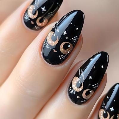 24Pcs Glossy Medium Length Almond Faux Nail with Black Cats Designs Easy DIY Press On Nail for Parties and Daily Wear