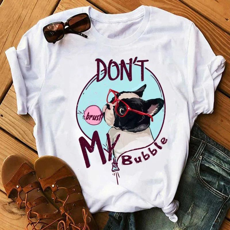 

Футболка с рисунком французского бульдога, базовая футболка в стиле Харадзюку, высококачественная летняя женская рубашка с коротким рукавом и воротником, модная повседневная одежда S