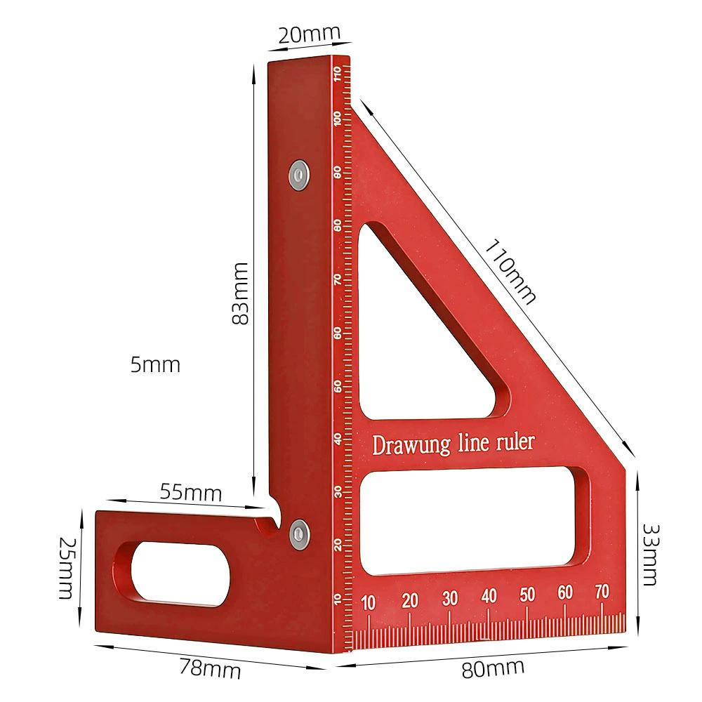 Aluminum Alloy Red Miter Triangle Ruler 45°/90° Woodworking Square Protractor - 3D Multi Angle Layout Measuring Tools