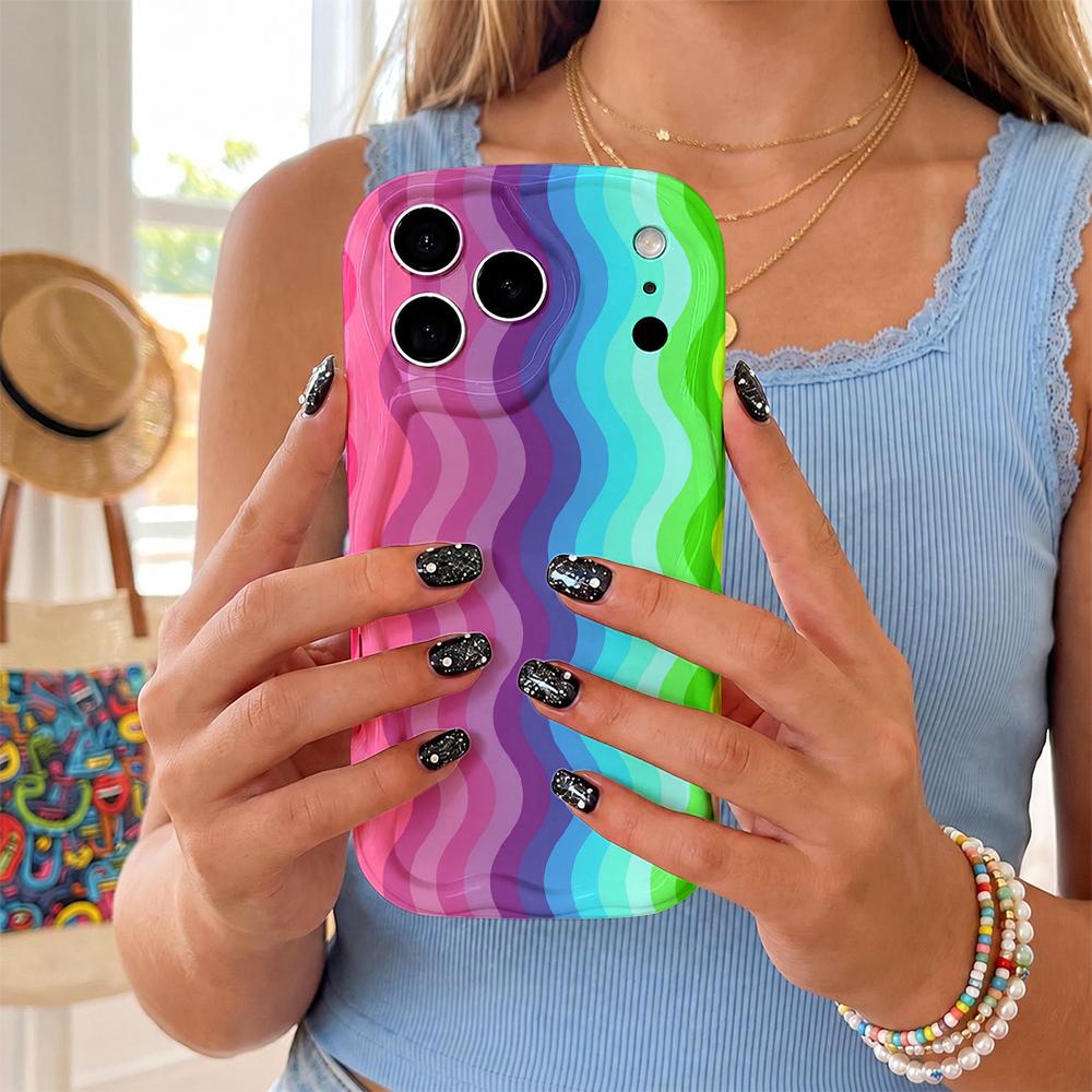 Rainbow Wave Stripe Iridescent Phone Case For iPhone 17 16 15 14 13 12 11 Pro Max Plus Wavy Edge Cover