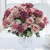 Artificial Rose Bouquet Realistic Fake Silk Flower with Green Leaves Home Wedding Party Table Centerpiece Indoor Outdoor Faux Bloom Decoration