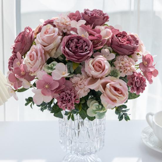 Artificial Rose Bouquet Realistic Fake Silk Flower with Green Leaves Home Wedding Party Table Centerpiece Indoor Outdoor Faux Bloom Decoration