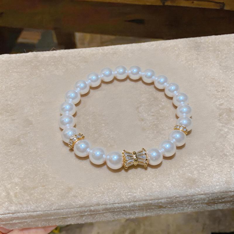 Mist Purple Cubic Zirconia Pearl Beaded Elastic Bracelet - Versatile Light Luxury Hand Jewelry