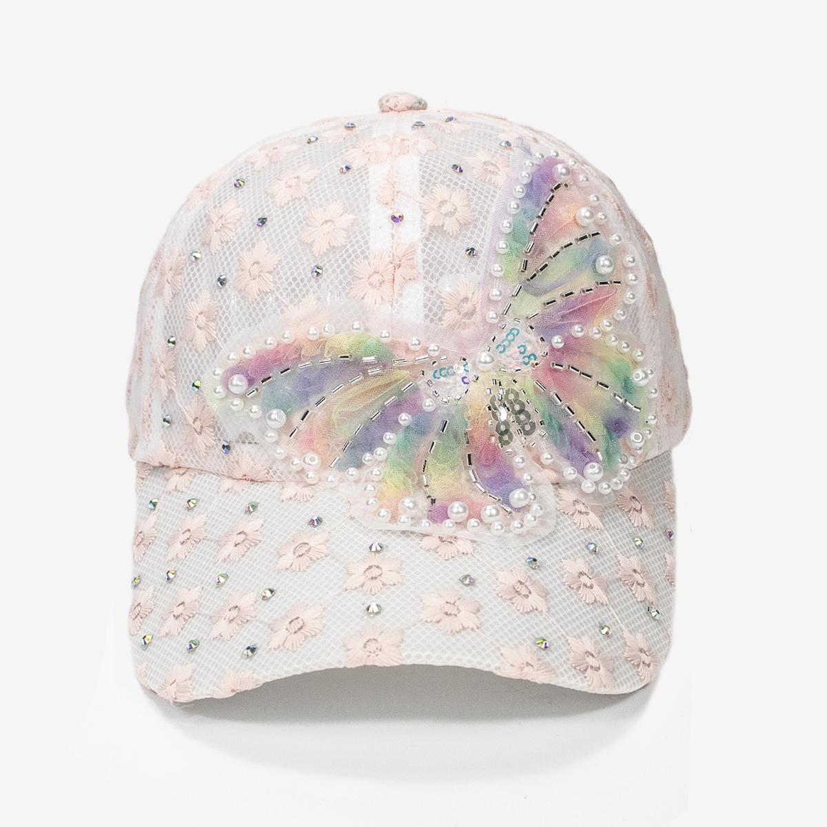 Casquette de Baseball d'Été pour Femme Chapeau de Soleil Élégant ajouré avec Broderie de Papillons et de Fleurs Multicolores rose