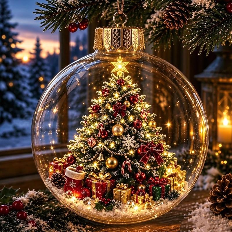 1Pcs Santa Claus Themed Clear Plastic Christmas Ball Ornament Led Light Hanging Decor For Christmas Tree Party Decoration