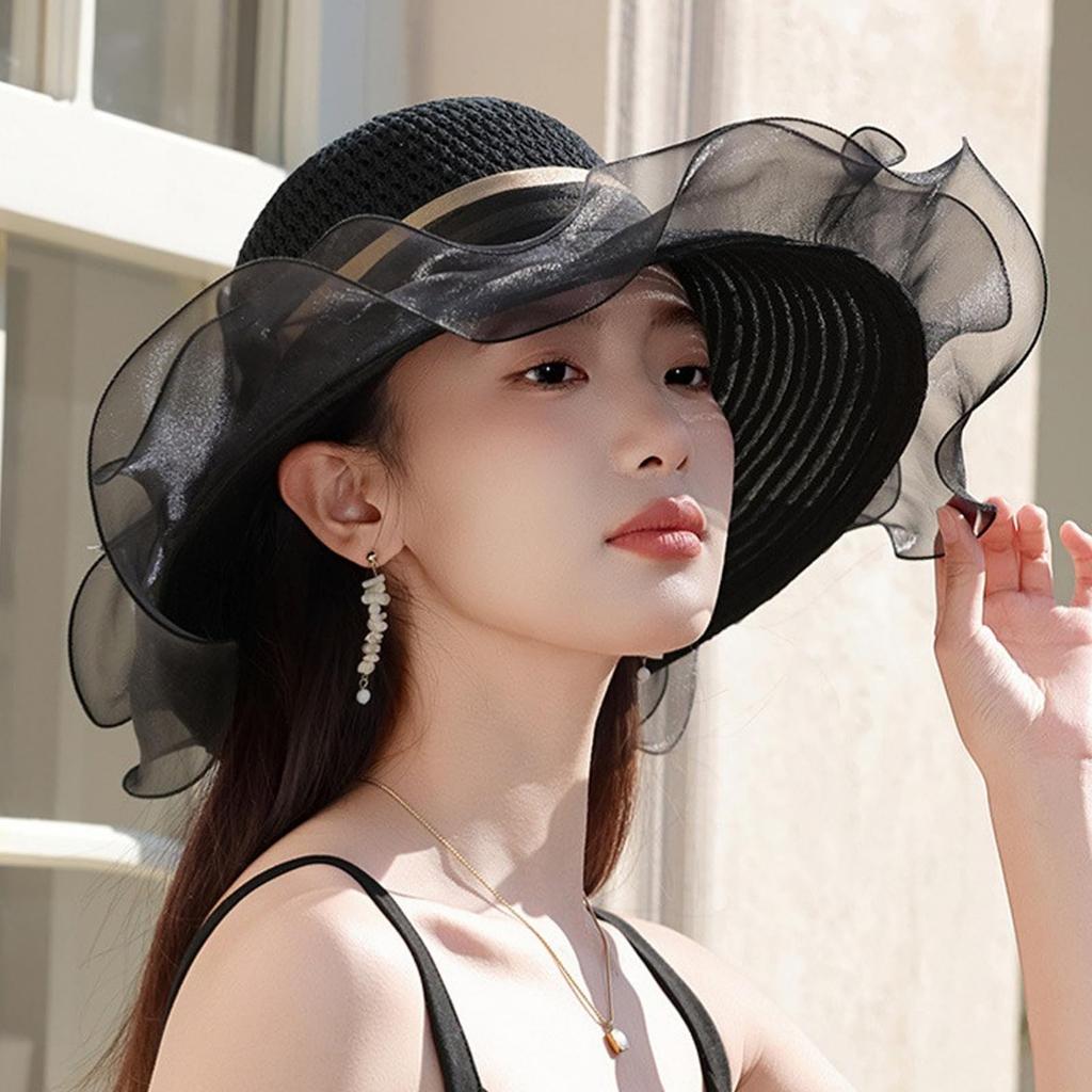 UV Protection Organza Straw Wide Small Face Sun Flower Actress Sun UV Wedding Formal [LYING] Hat, Hat, Women's, Elegant, Hat, Brim, Effect,