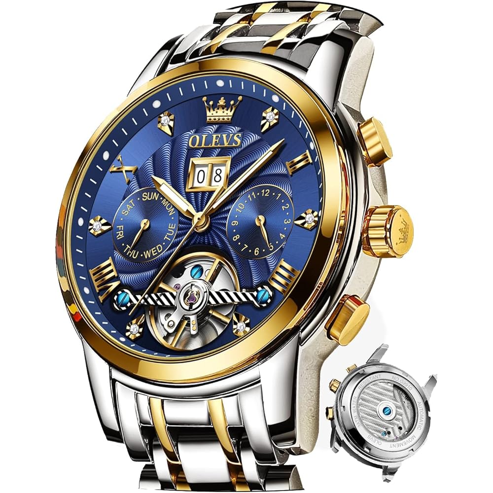 OLEVS Men s Automatic Skeleton Watch Waterproof Date Luminous Business Blue