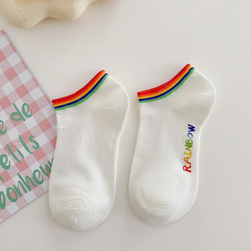 

Радужные носки, женские носки-лодочки, короткие носки с мелким вырезом, тонкие хлопковые носки для весны и лета, модные носки в разноцветную полоску с буквами для девочек 1 pair