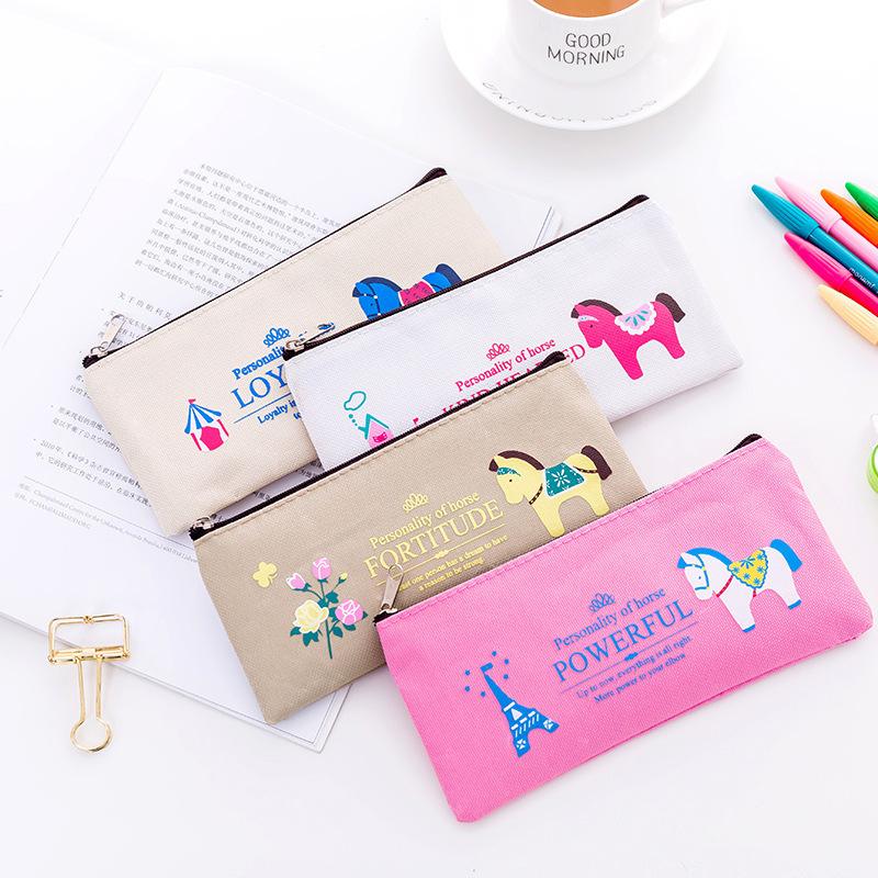 Cartoon Horse Printed Canvas Pencil Bag Korean Pencil Case Large Capacity Storage Bags Student Stationery Pouch School Supplies