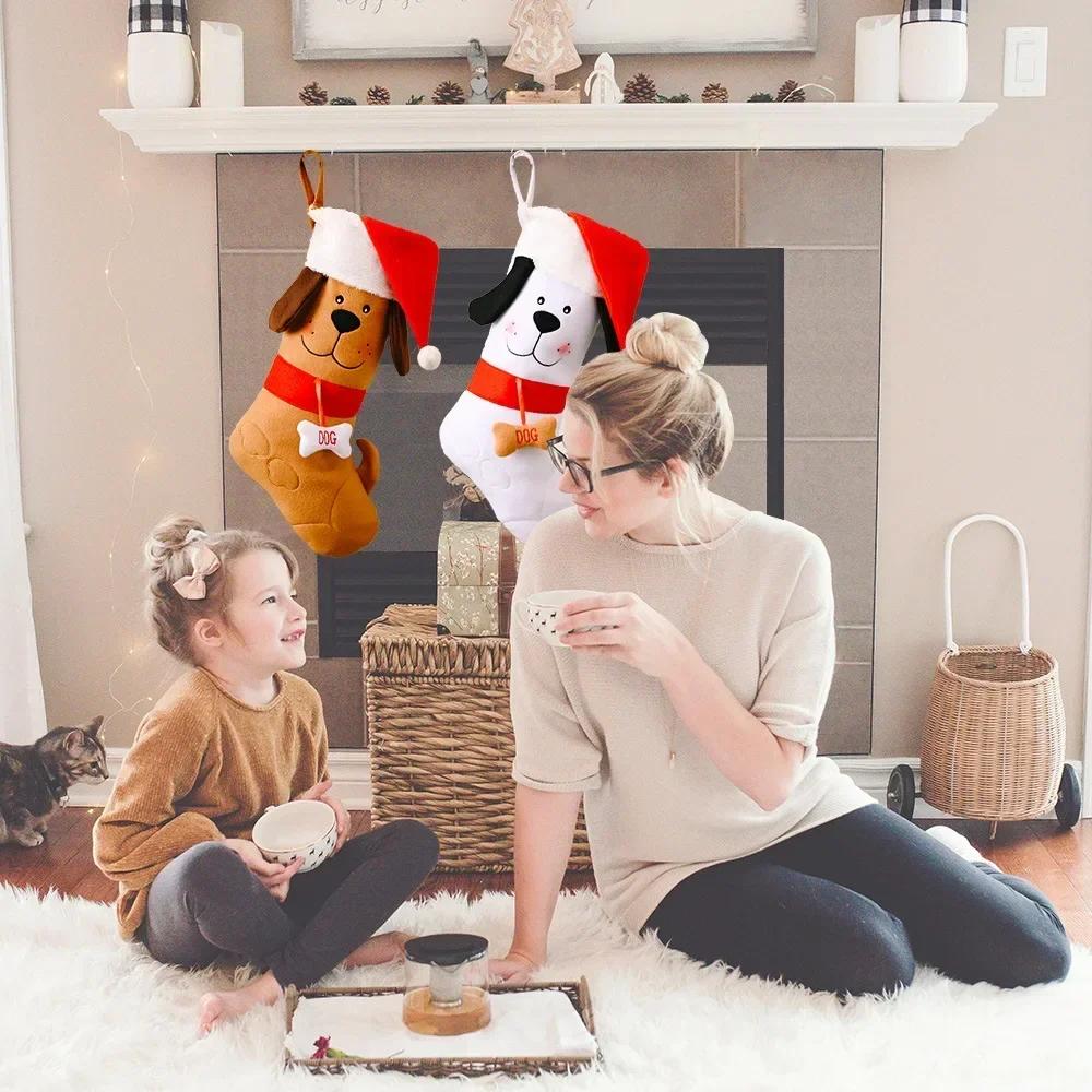 Dog Bone Shape Christmas Stockings Christmas Gift Bag Tree Fireplace Decoration Socks New Year Candy Gifts For Kids Pet