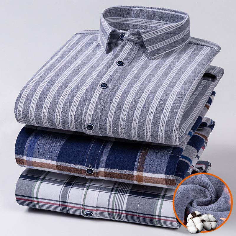 Men's Long Sleeve Cotton Plaid Shirt with Velvet Lining