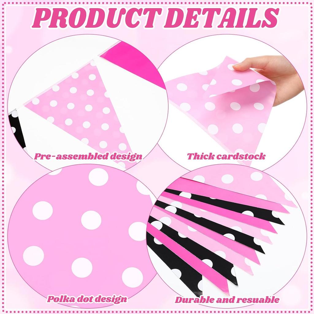 Faccito 60 Pcs Mouse Color Banner Decorations 49 ft Rose Hot Pink and Black Pennant Flag Banner Mouse Theme Paper Triangle Bunting Decor for Outdoor