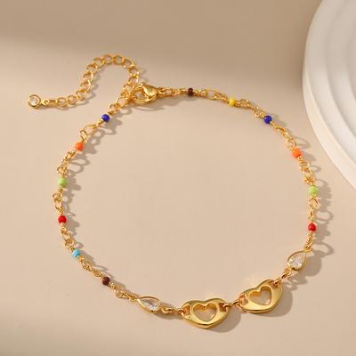 Bohemian Ethnic Style Women 18k Gold Plated Love Heart Colorful Rice Bead Foot Jewelry Anklet