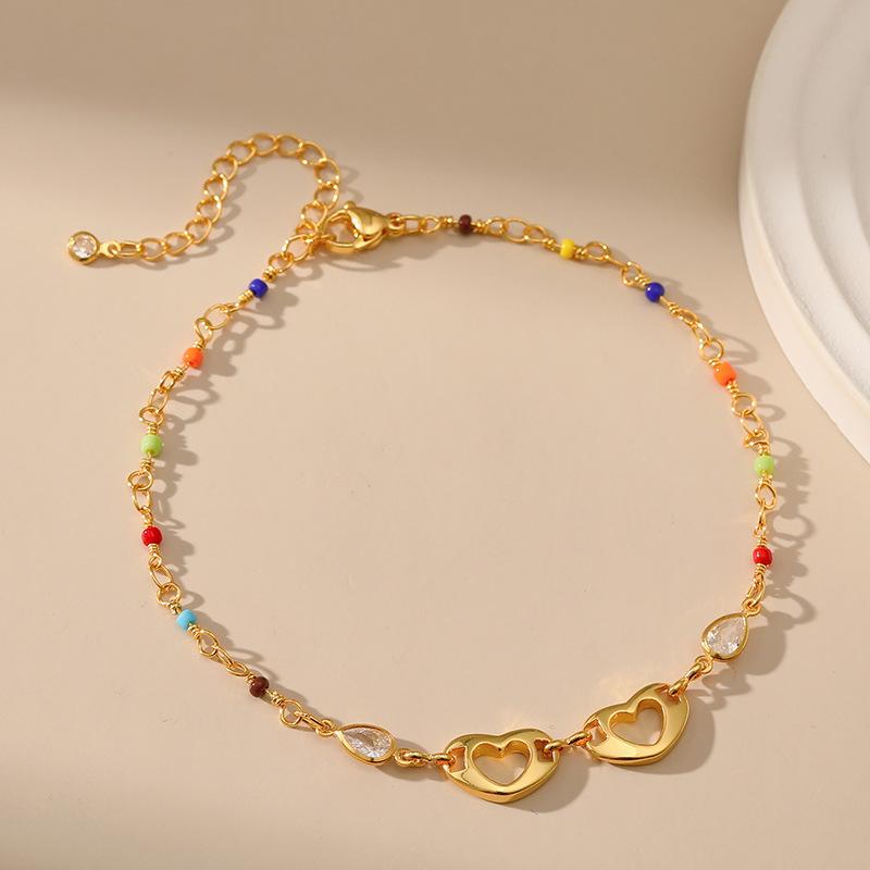 Bohemian Ethnic Style Women 18k Gold Plated Love Heart Colorful Rice Bead Foot Jewelry Anklet