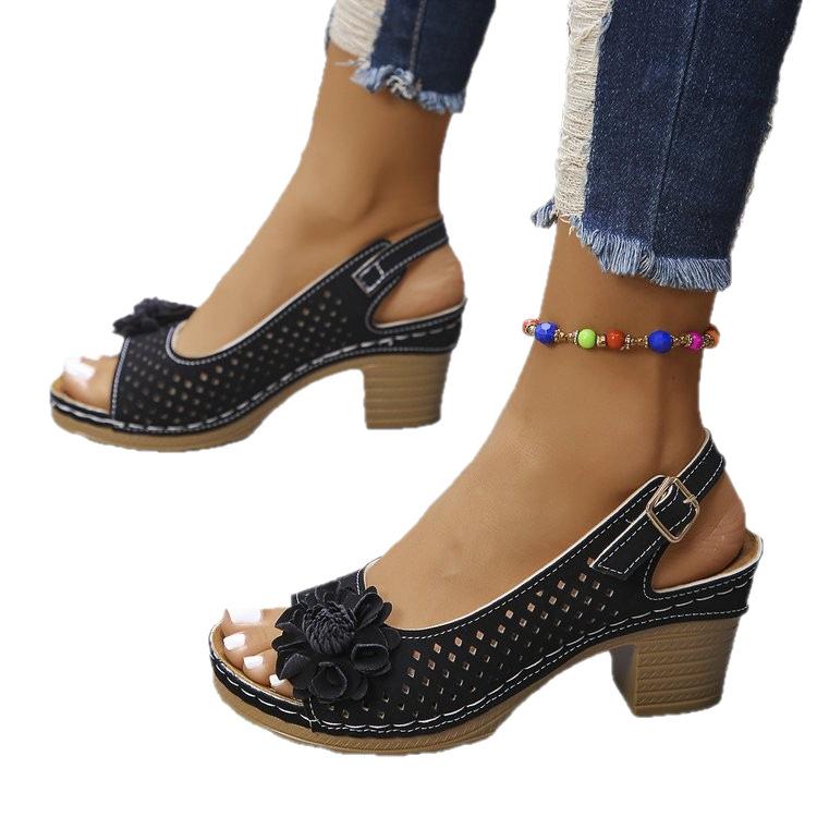 2025 spring and summer new foreign trade high-heeled sandals women's shoes one-word with hollow flower sandals fish mouth thick heel sandals women