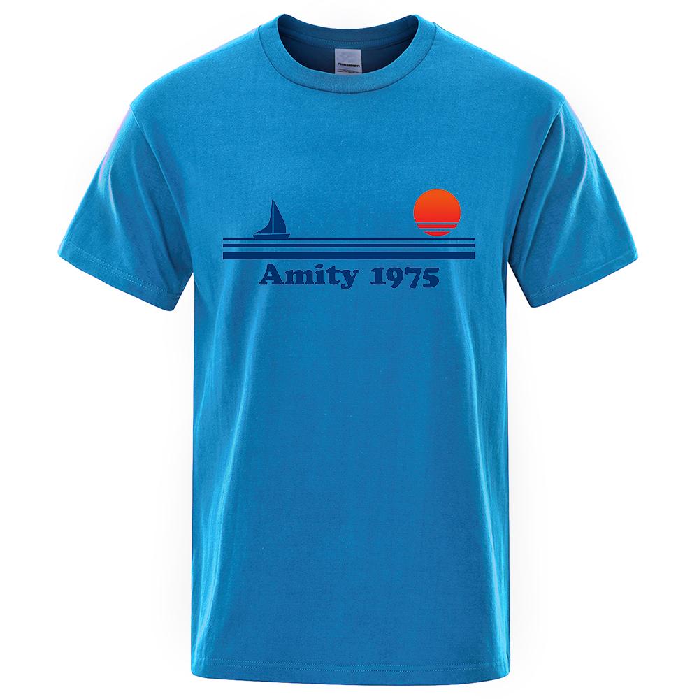 Baumwolle Amity 1975 - Jaws Retro Print T-Shirt Männer Kreativität Schweiß Kleidung Mode T-Shirt Kleidung T-Shirts Atmungsaktive Baumwolle T-Shirts Mann