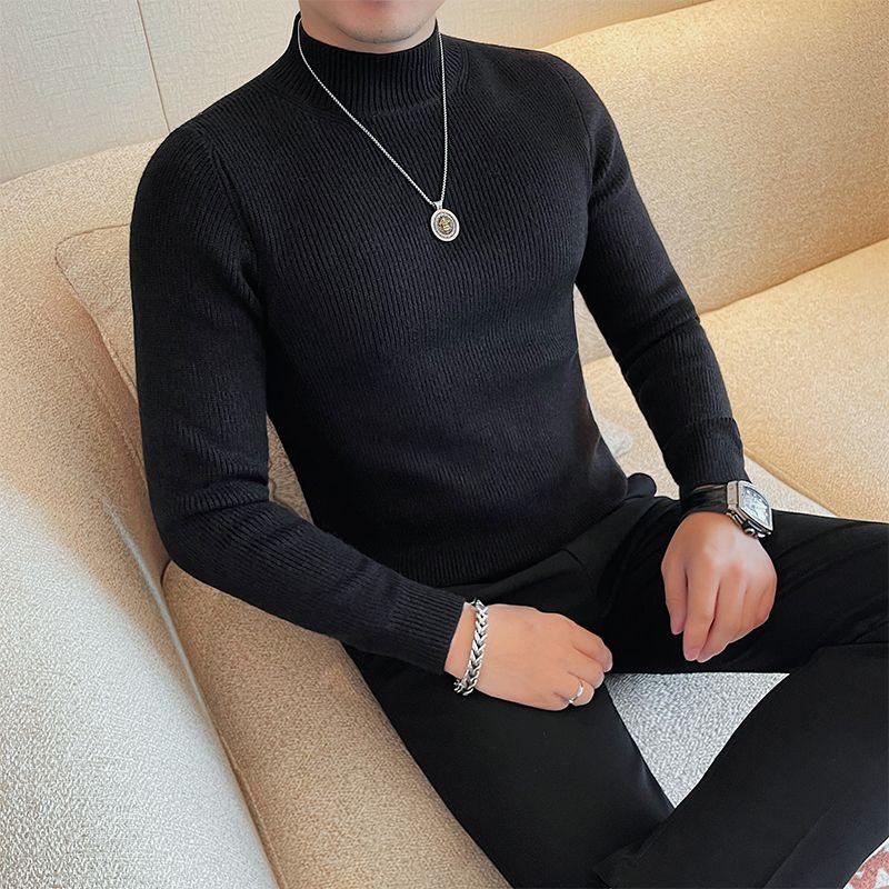Half Turtleneck Sweater Men with Striped Wool In Autumn Winter Thickened Slightly Loose Base Knitted