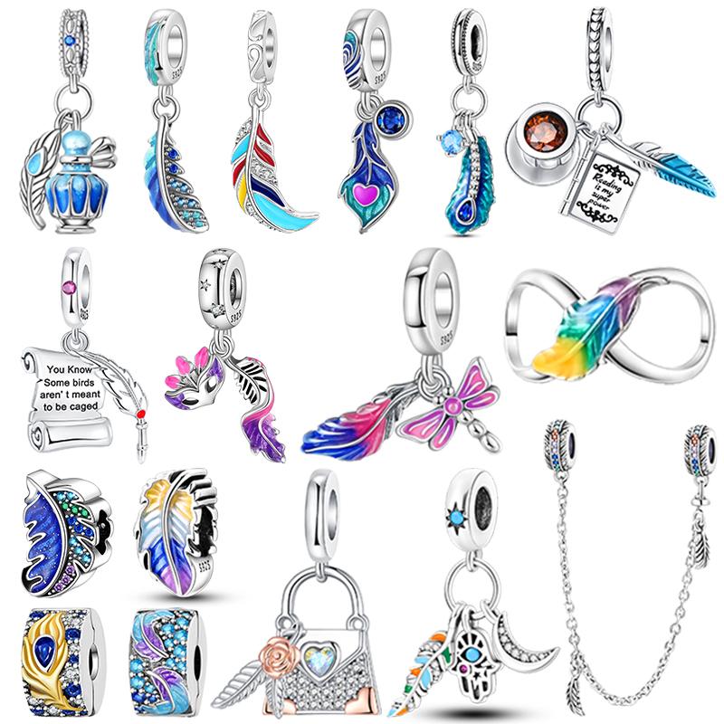 925 Sterling Silver Feather Colored Zircon Mask Beads Charms Pendants for Women Fit 925 Original Bracelets DIY Jewelry
