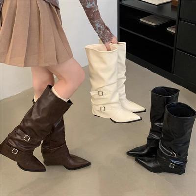 Stiefel High Heel Pile Ritterstiefel Schnallenstiefel Damen Plissiert Wind Gebraten Street Spice Girl Punk Dicke Ferse Spitze 2025