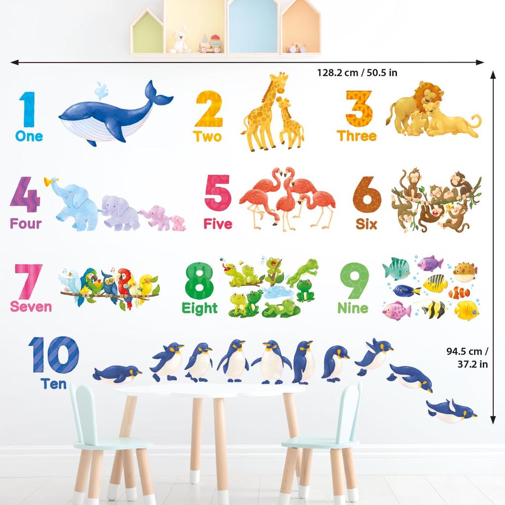DECOWALL Numbers and Animals Wall Stickers Decorative Wall Art for DIY Wall Transfer Stickers for Room Living Kitchen DS12-8076 - Kindergarten,