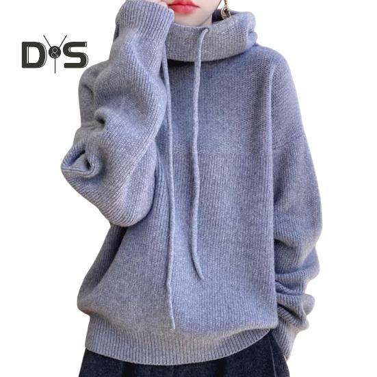 Damegenser Pelskrave Snøring Hette Langermet Strikketopper Ensfarget Casual Løs Passform Strikkeplagg