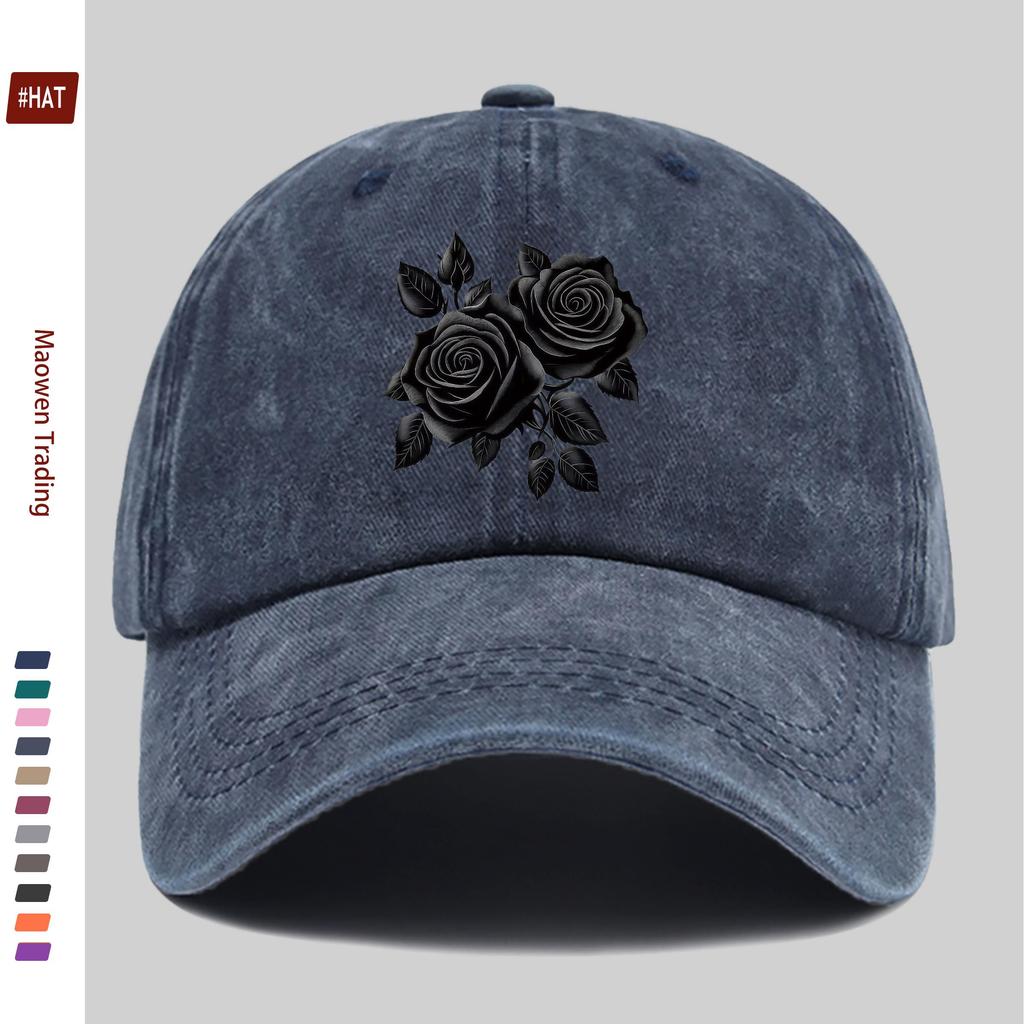 pc Elegant Black Rose Pattern Printed Baseball Cap Truck Driver Papa Hat Comfortable Lightweight Headwear Adjustable Closure