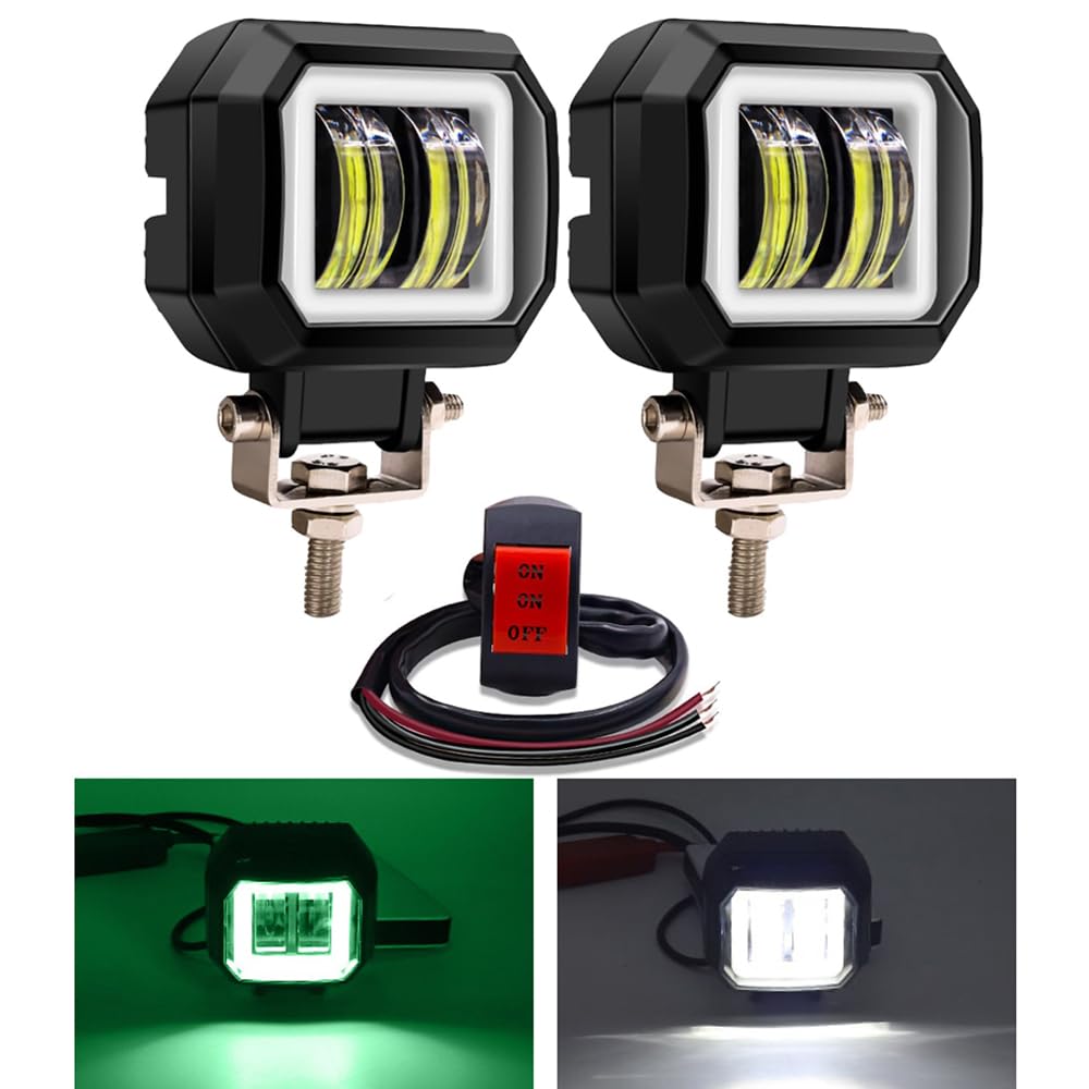 Aoling LED Auxiliary Fog Light Set with Green Halo Ring and Switch, 9–80V DC, IP68, 2 Pcs