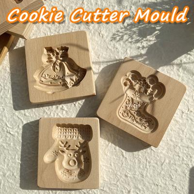 Moldes de Galletas de Madera para Navidad, Moldes Cortadores de Galletas 3D Grabados en Relieve para Bricolaje, Árbol de Navidad Copo de Nieve Papá Noel Jengibre