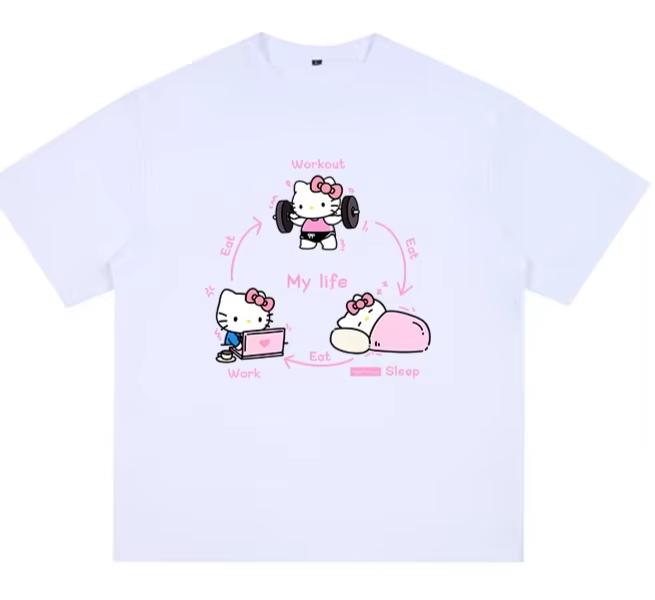 

2026 HelloKitty Sanrio Printed Cotton TShirt Summer Cartoon Design Childrens Roundneck Fashion LooseFitting Casual Wear S