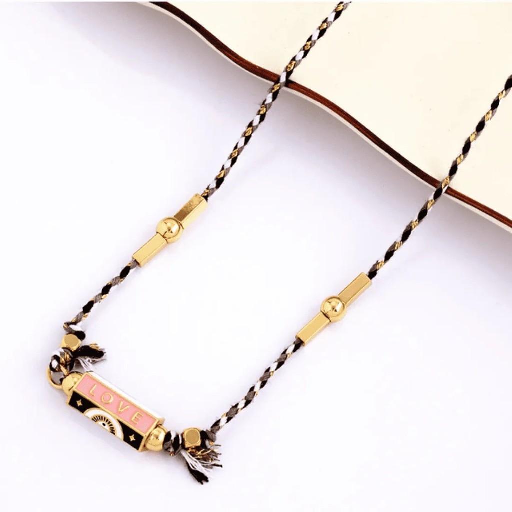 Vintage Graffiti Alphabet Necklace For Women With Copper Geometric Pendant And Colorful Cord