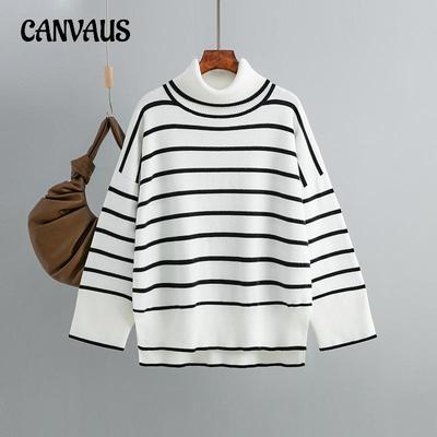 Maglione da donna autunno e inverno maglione lavorato a maglia pullover maglione casual ampio collo alto a righe contrastanti