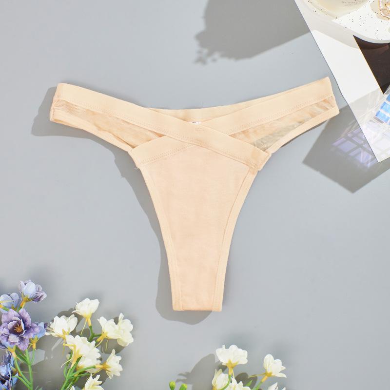 Women Sexy Thong Low Waist Mesh Solid Color Transparent Panties Cotton Crotch Sexy Lingerie G String Women Tangas